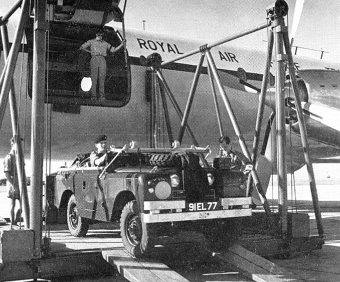 Unloading the Battalion Land Rovers from a R.A.F. Britannia at Barbados