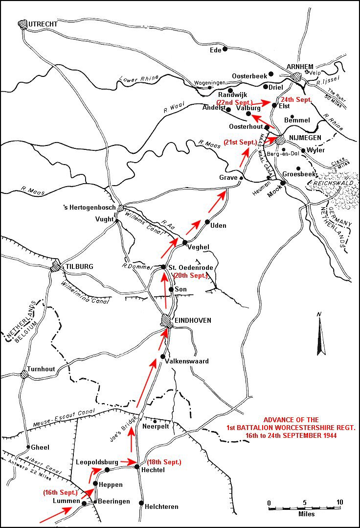 Route taken by the 1st Battalion Worcestershire Regiment and 43rd Division