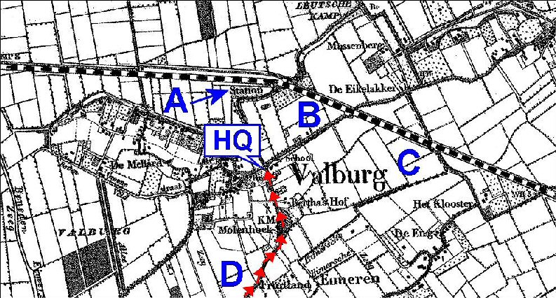 Positions of the 1st Battalion Worcestershire Regiment companies at Valburg (22nd/23rd September 1944)