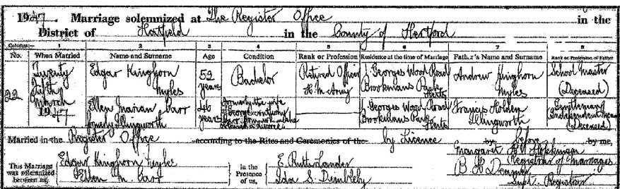 M. K. Myles wedding certificate